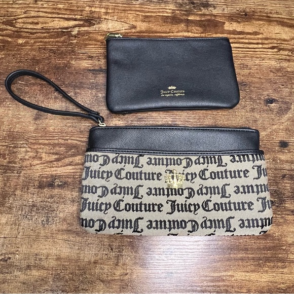 Juicy Couture Wallet and Pouch Zip top Black and tan Logo Wristlet - Picture 1 of 8
